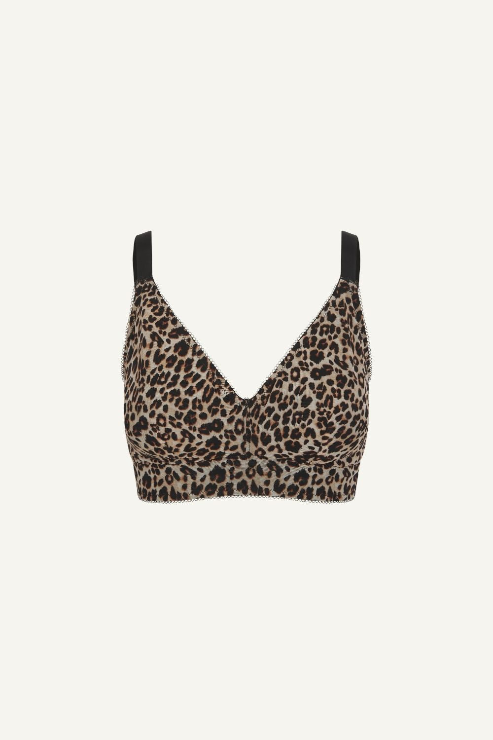 A ghost image of a leopard print mesh fuller cup bralette with black straps 