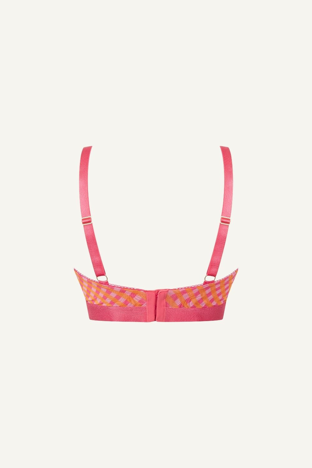 A ghost image of the back of a soft mesh fuller cup check print bralette 