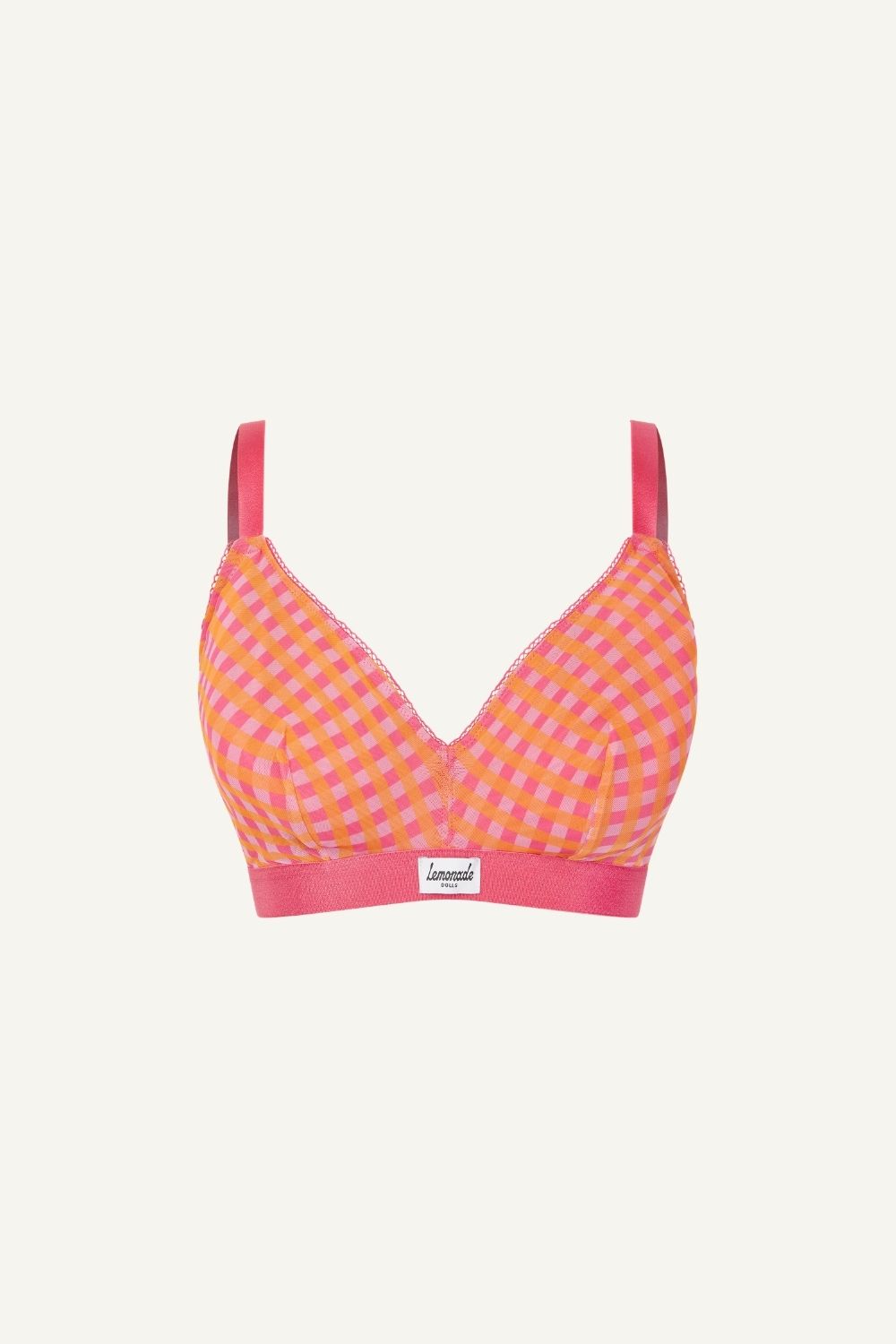 A ghost image of a soft mesh fuller cup check print bralette 