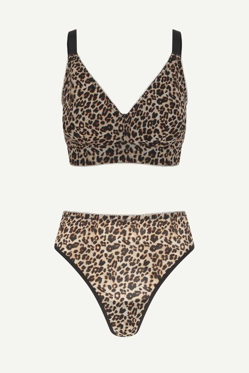 Leopard Print Mesh Bralette And Thong Set