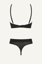 Black bikini set with a bow detail on a white background