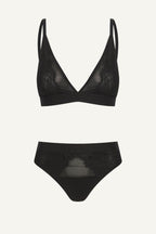 Black lingerie set with a bra and panties on a white background