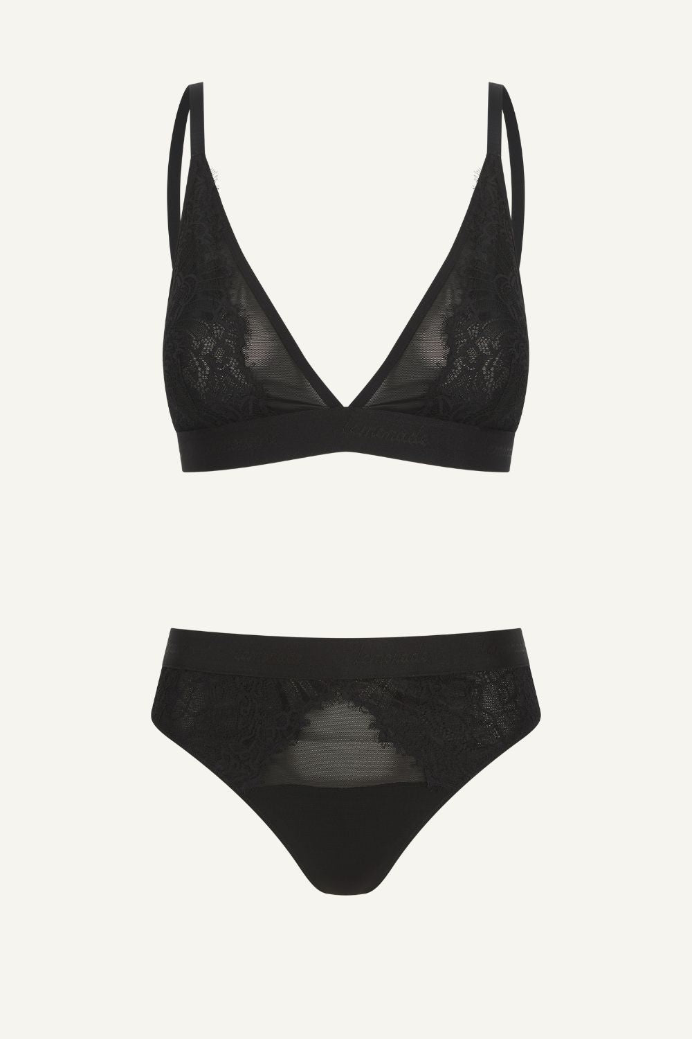 Black lingerie set with a bra and panties on a white background