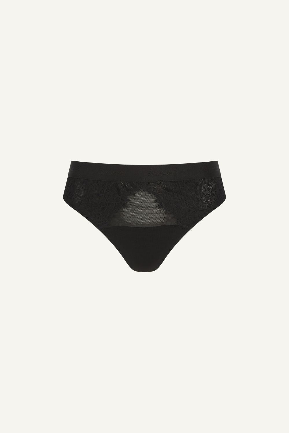 A ghost image of the front of the Synergy Lace and Mesh Thong - Black