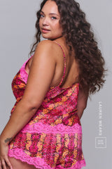 Pink Snake Print Satin And Lace Cami And Short