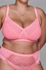 The One Lace and Mesh Bra & High Waisted Brief Set - Coral