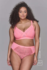 The One Lace and Mesh Bra & High Waisted Brief Set - Coral