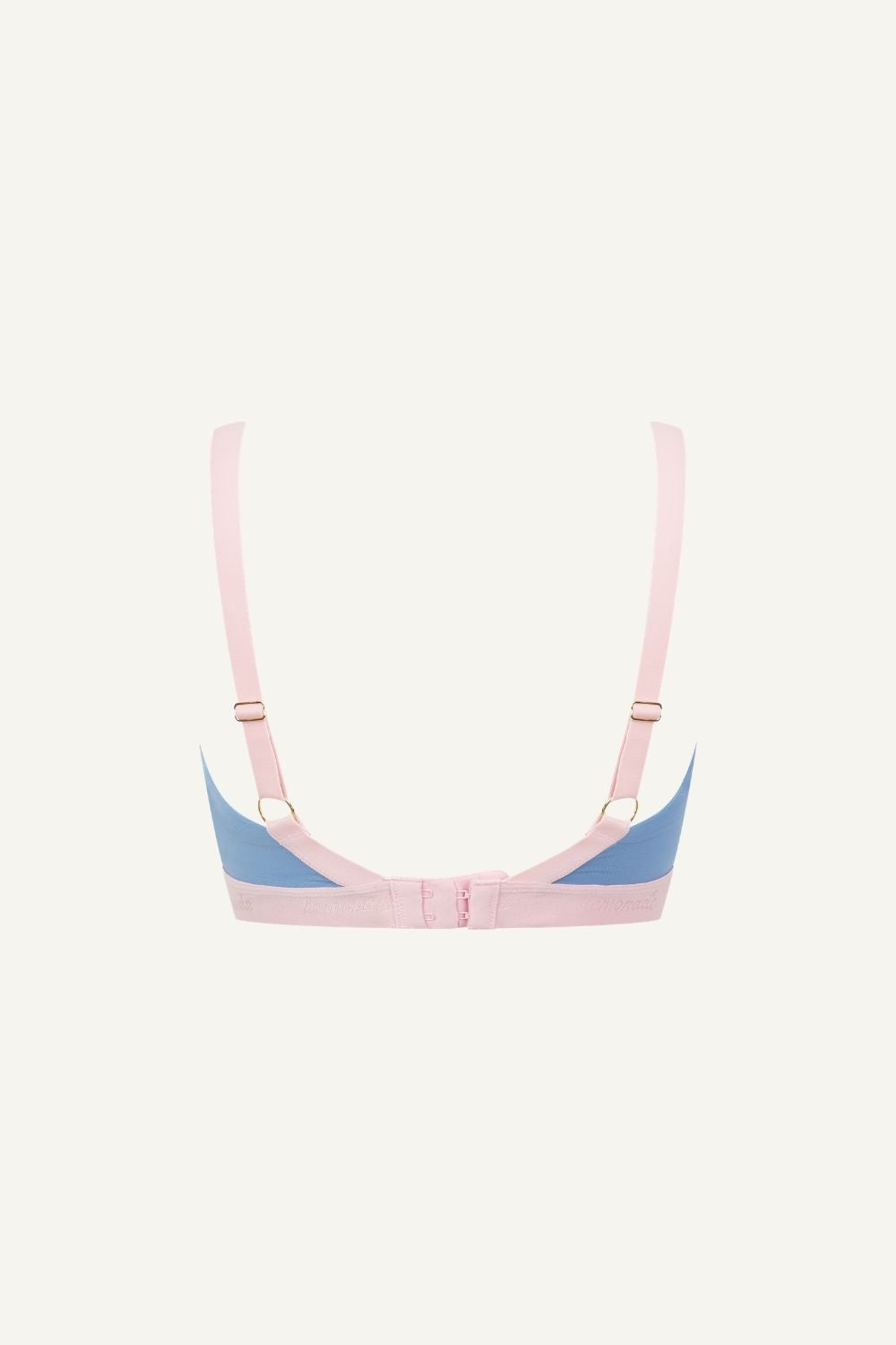 A ghost image of a pink and blue lace bra called The One 