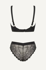 The One Lace and Mesh Bra & V Brazilian Set - Black