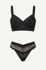 The One Lace and Mesh Bra & V Brazilian Set - Black
