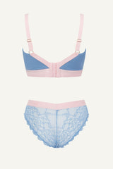 The One Lace and Mesh Bra & V Brazilian Set - Blue