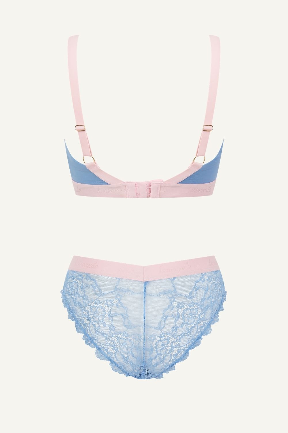 The One Lace and Mesh Bra & V Brazilian Set - Blue