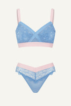 The One Lace and Mesh Bra & V Brazilian Set - Blue