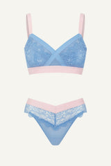 The One Lace and Mesh Bra & V Brazilian Set - Blue