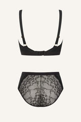 The One Lace and Mesh Bra & High Waisted Brief Set - Black