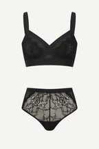 Black Lace Supportive Bra And Mesh Full Coverage Brief Set
