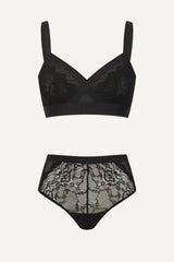 The One Lace and Mesh Bra & High Waisted Brief Set - Black