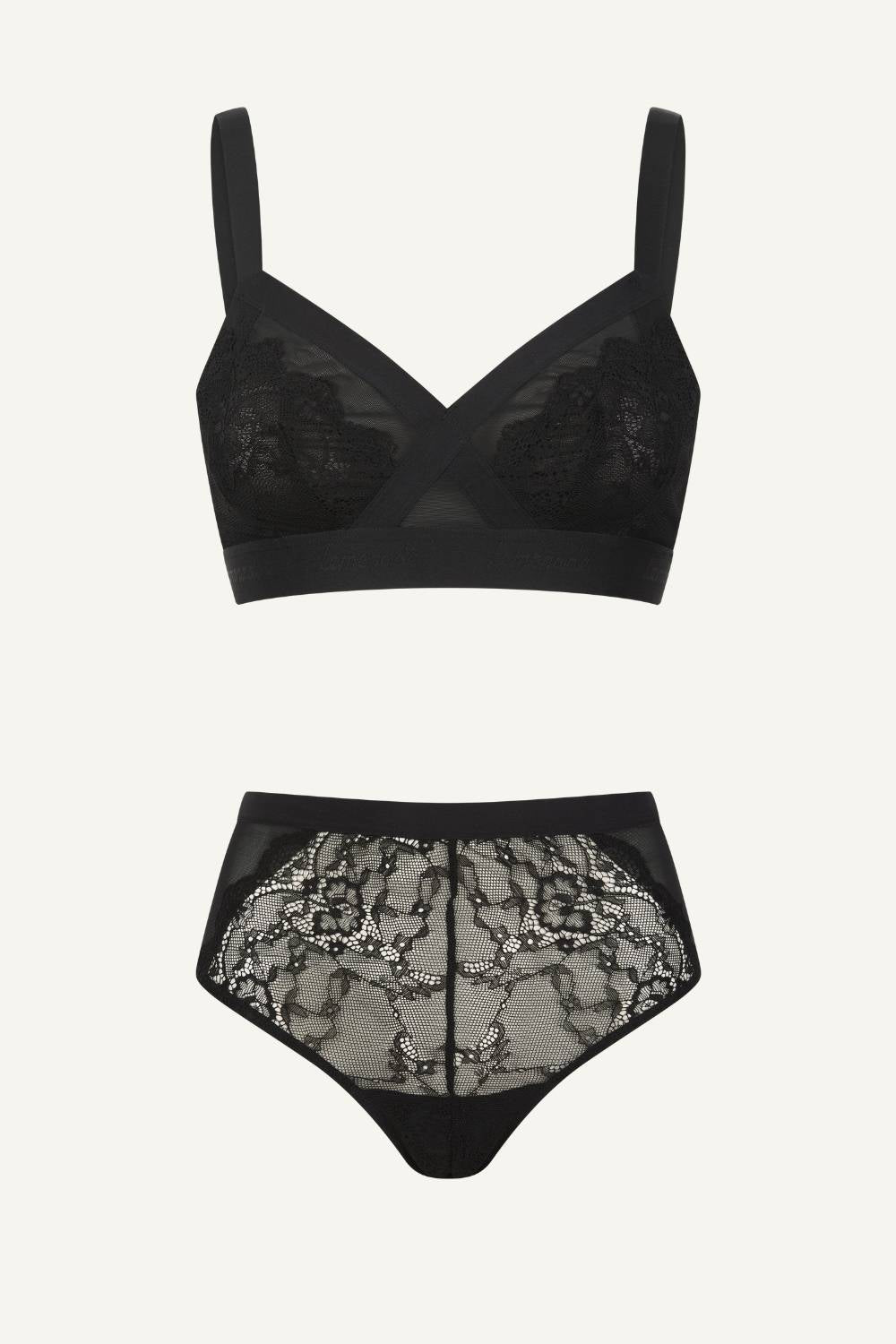 Black Lace Supportive Bra And Mesh Full Coverage Brief Set