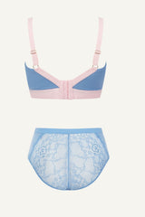 The One Lace and Mesh Bra & High Waisted Brief Set - Blue