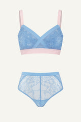 The One Lace and Mesh Bra & High Waisted Brief Set - Blue