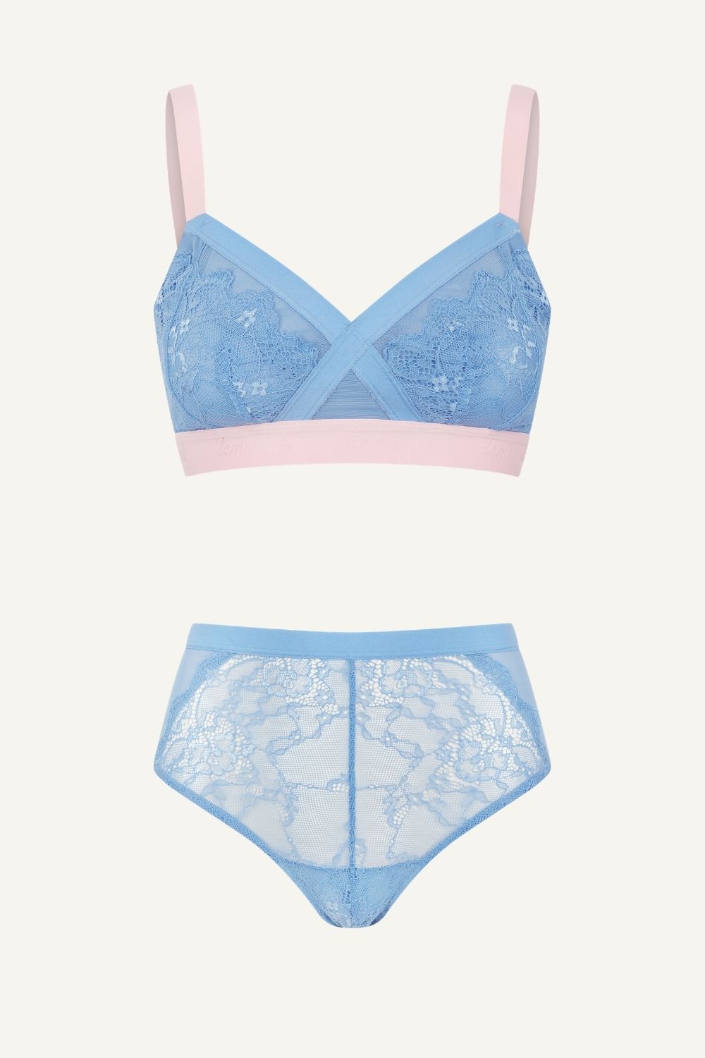 The One Lace and Mesh Bra & High Waisted Brief Set - Blue