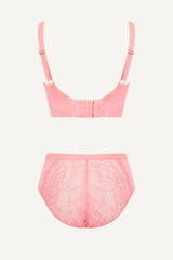The One Lace and Mesh Bra & High Waisted Brief Set - Coral