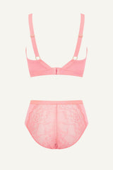 The One Lace and Mesh Bra & High Waisted Brief Set - Coral
