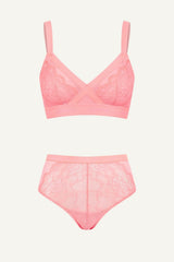 The One Lace and Mesh Bra & High Waisted Brief Set - Coral