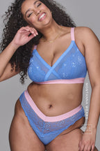 A woman modelling a pink and blue matching lace lingerie set ^Montanna | Size: 36 FF/ 16