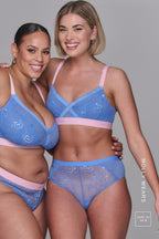 Two woman standing together wearing a matching blue and pink lingerie set ^Molly | Size: 34 B / 10