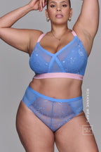A woman wearing a pink and blue high support lace bra called The One paired with matching knickers ^Roxanne | Size: 36 H / 16