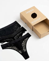 A image of a pack of three different shapes of underwear in a black lace 