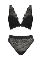 Black lace bra and panties set on a white background