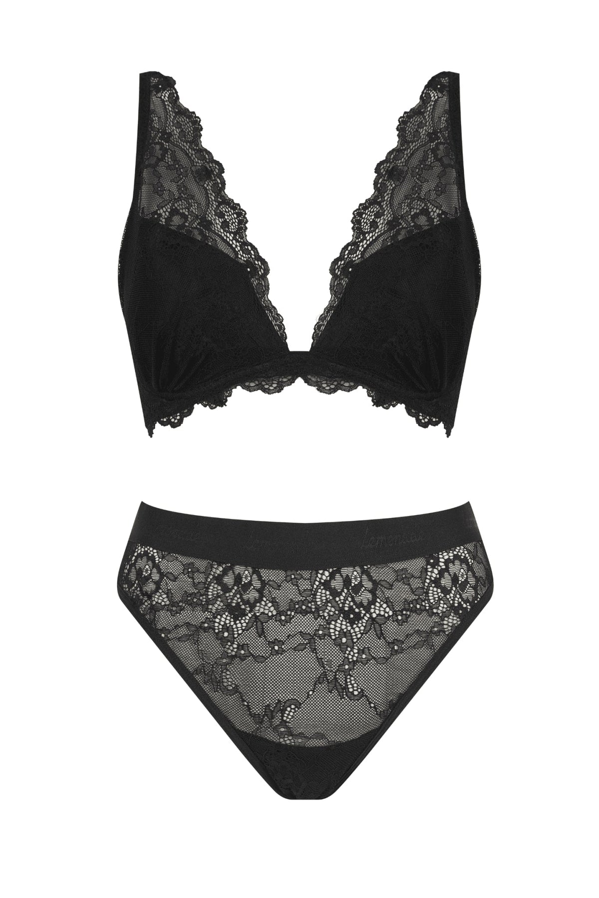 Black lace bra and panties set on a white background