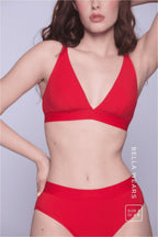 A close up image of a woman wearing a matching red mesh lingerie set ^Bella | Size: 32 A-B / 8