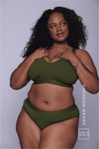 A woman wearing a khaki green fuller cup bralette paired with a matching khaki green brief  ^Shannon | Size: 36 FF-G / 16