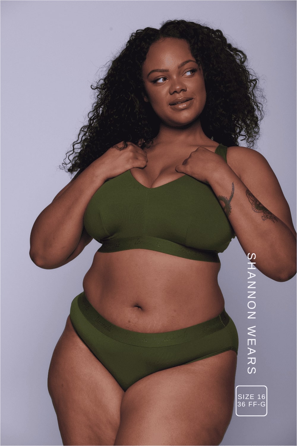 A woman wearing a khaki green fuller cup bralette paired with a matching khaki green brief  ^Shannon | Size: 36 FF-G / 16