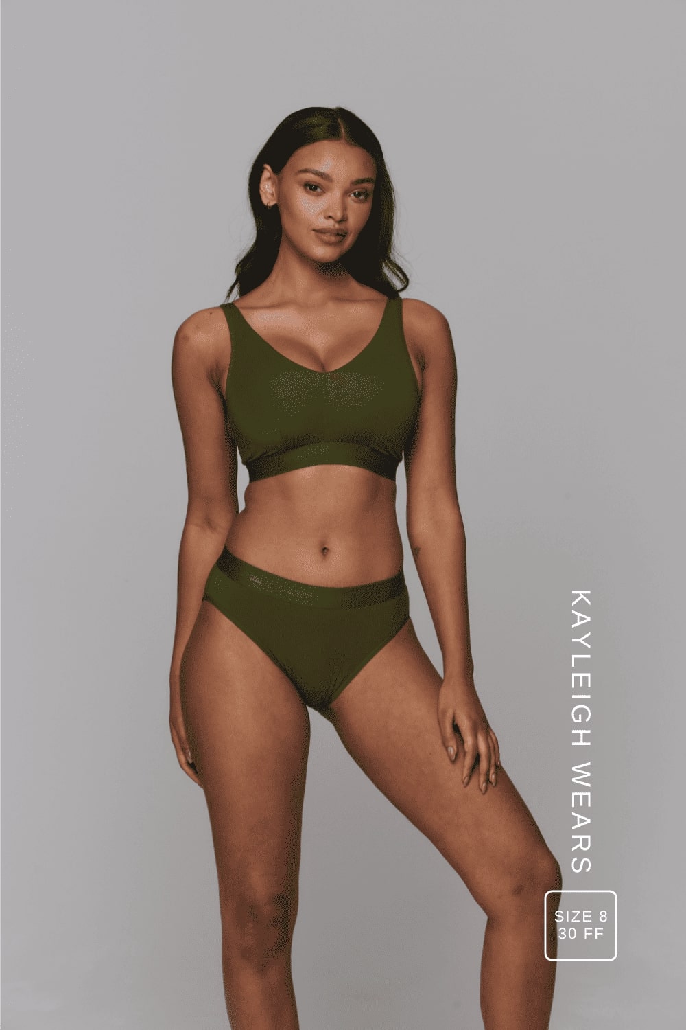 A woman wearing a khaki green fuller cup  bralette paired with a matching khaki green brief  ^Kayleigh | Size: 30 FF / 8
