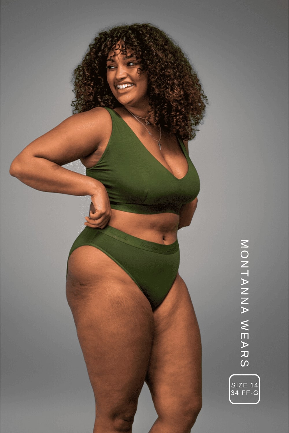 A woman looking to the side wearing a khaki green fuller cup bralette paired with a matching brief ^Montanna | Size: 34 FF-G / 14