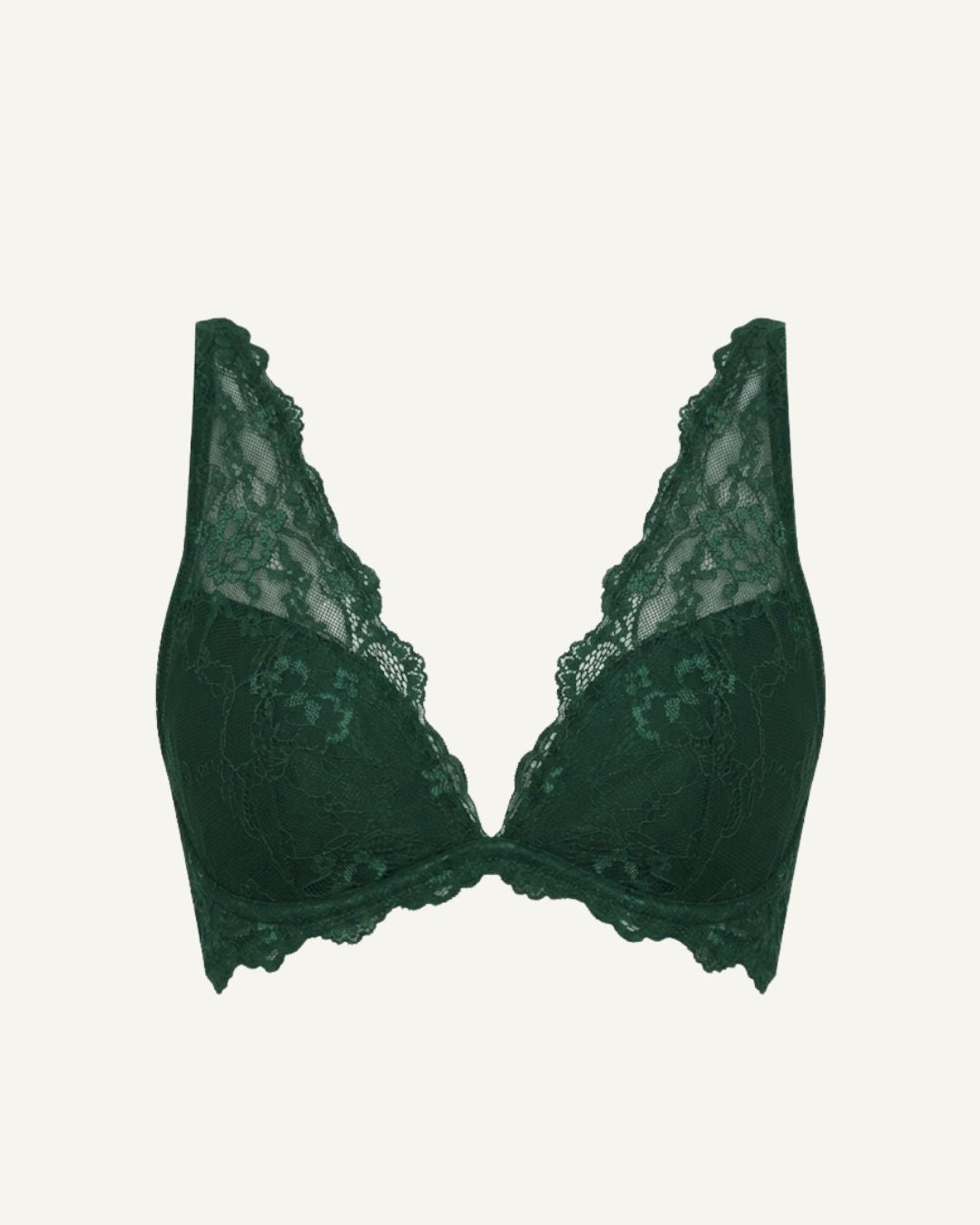 A ghost image of the front of a green lace push up bra 