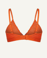 A ghost image of the back of an orange and purple lace embroidered bralette 