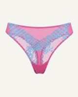 A ghost image of the front of a pink and purple embroidered lace thong 