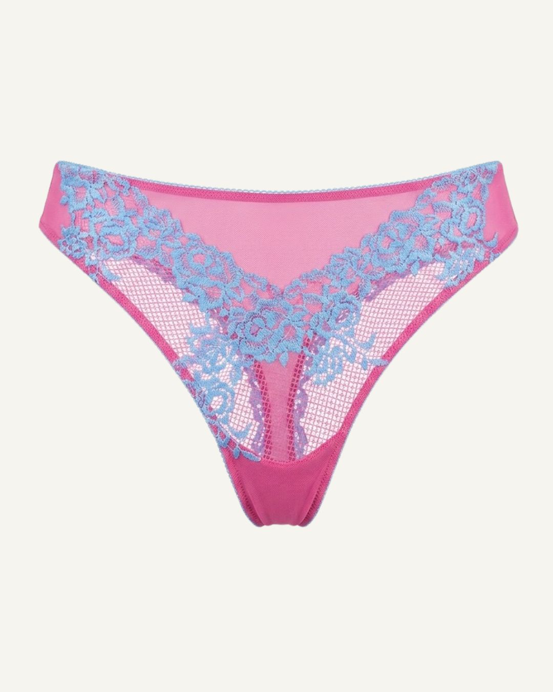 A ghost image of the front of a pink and purple embroidered lace thong 