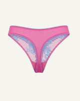 A ghost image of the back of a pink and purple lace embroidered thong 
