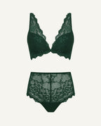 A ghost image of the front of a green lace push up bra and knicker set 