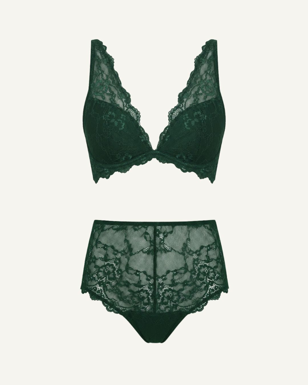A ghost image of the front of a green lace push up bra and knicker set 