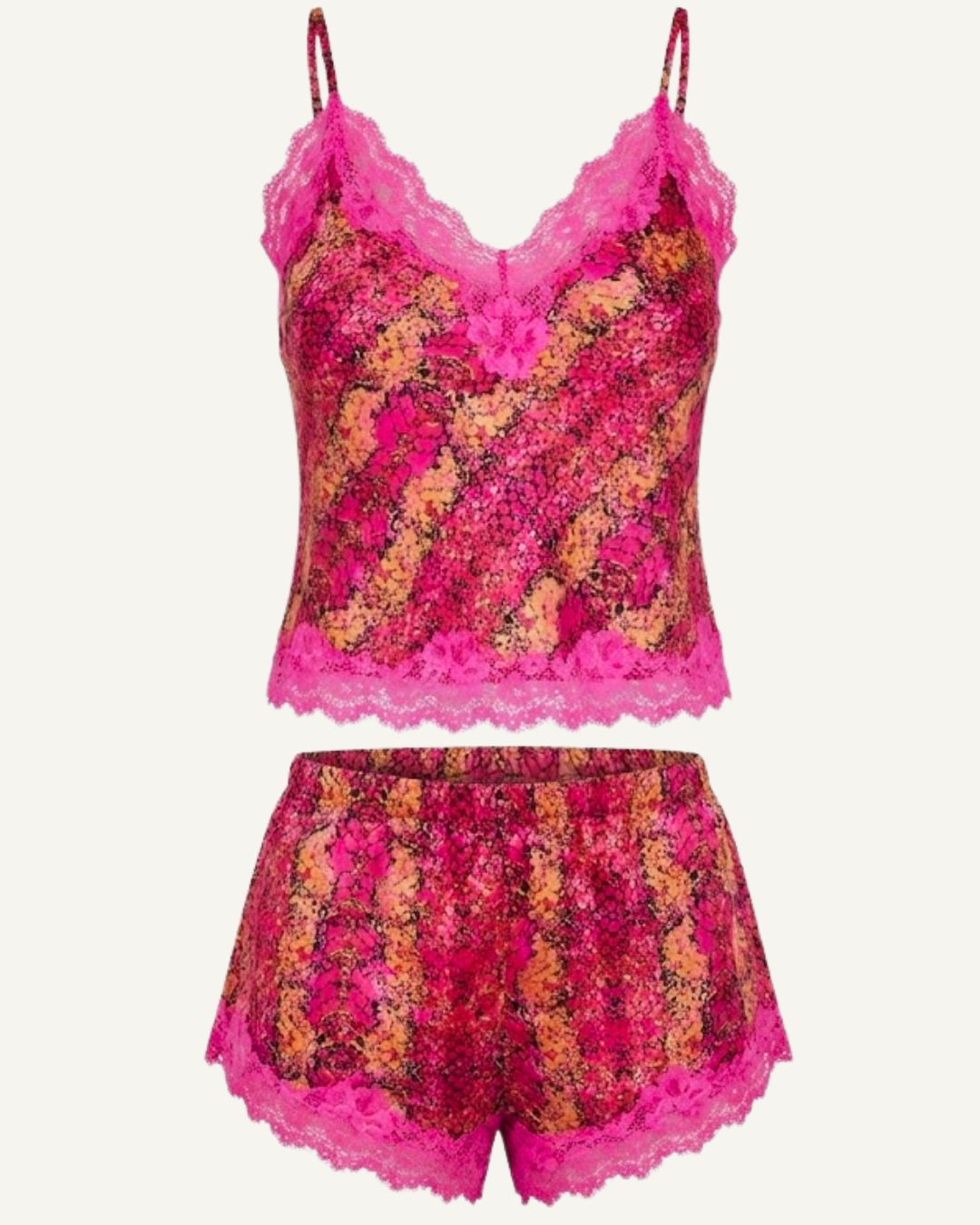 A two-piece lingerie set featuring a floral lace camisole top and matching shorts in vibrant pink, magenta, and orange tones, set against a plain off-white background.