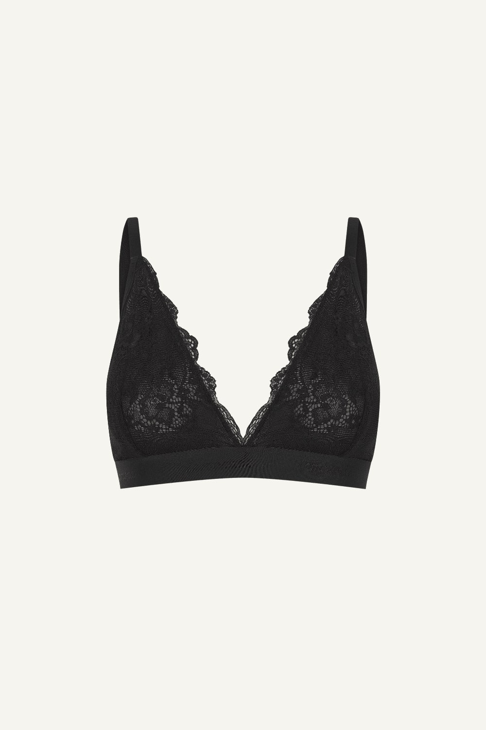 A ghost image of the front of a black lace bralette 