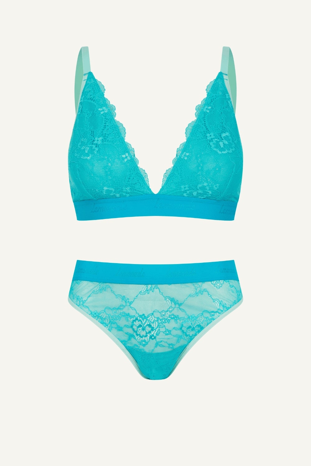 Teal lace bikini set on a white background