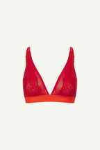 A ghost image of a red lace bralette with a orange band 